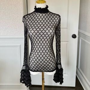 Elegant Black Sheer Women's Top with Statement Sleeve Medium